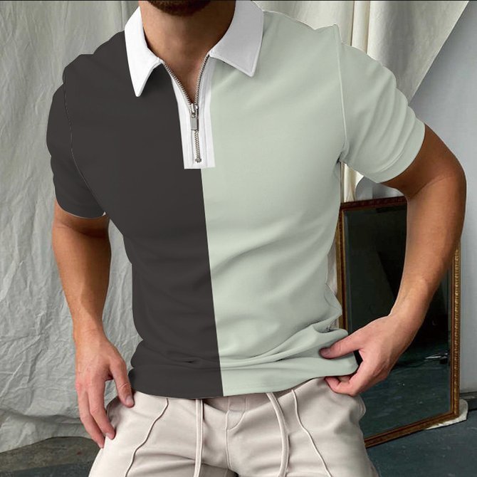Men's Hawaiian Short Sleeves Printed Zip Up Summer Beach Polo Shirt