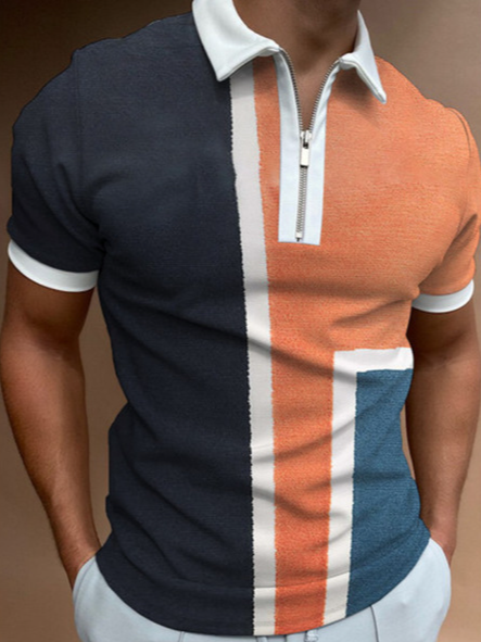 Mens Polo Shirt Printed Zip up Collar Short Sleeve Casual Golf Shirt