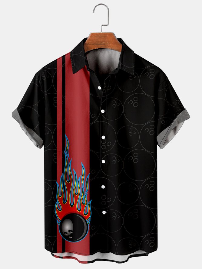 Holiday Leisure Retro Bowling Elements And Flame Pattern Hawaiian Style Printed Shirt Top