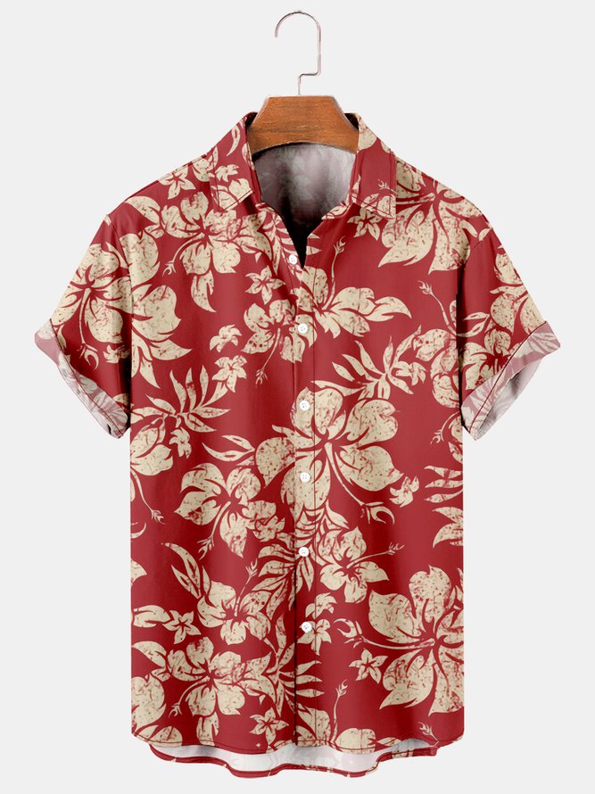 Mens Holiday Hawaiian Plant Flower Leaf Short Sleeve Shirt Lapel Print Top