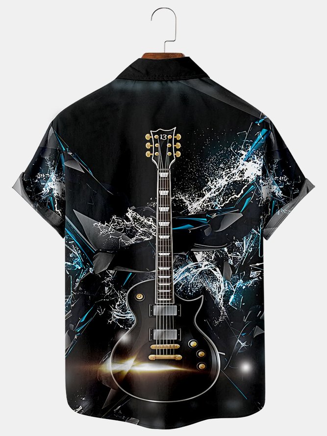 Mens Music Rock Roll Punk Guitar Print Casual Breathable Chest Pocket Short Sleeve Hawaiian Shirts