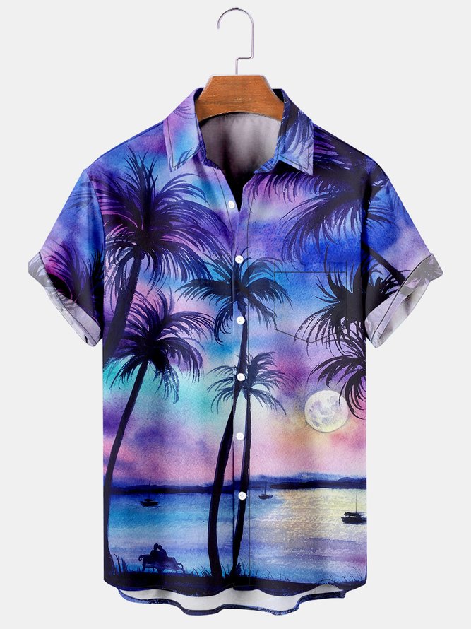 Mens Coconut Tree Sunset Print Casual Breathable Chest Pocket Short Sleeve Hawaiian Shirts