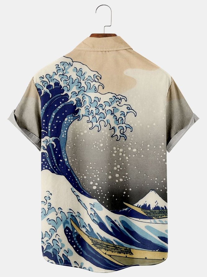 Mens Hawaiian Novelty Japanese Ukiyoe Wave Print Casual Breathable Chest Pocket Short Sleeve