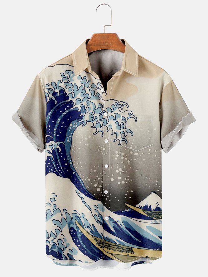 Mens Hawaiian Novelty Ukiyoe Wave Print Short Sleeve Shirt Casual Chest Pocket Top