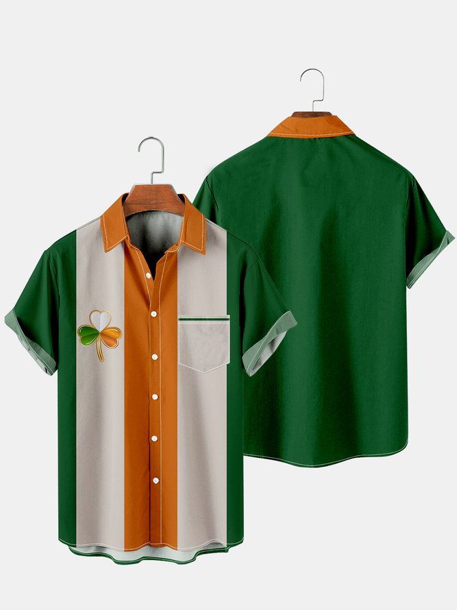 Mens St Patrick’s Day Shamrock Print Casual Breathable Short Sleeve Hawaiian Shirt