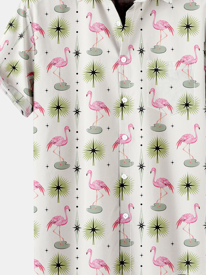 Mens Flamingo Print Breathable Casual Short Sleeve Shirt