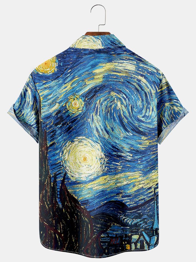 Mens Retro Van Gogh Short Sleeve Shirt Lapel Loose Funky Hawaiian Shirt