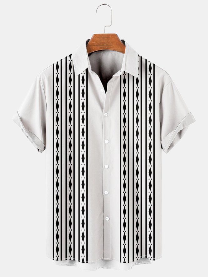 Mens Retro Striped Print Lapel Loose Short Sleeve Funky Bowling Shirts ...