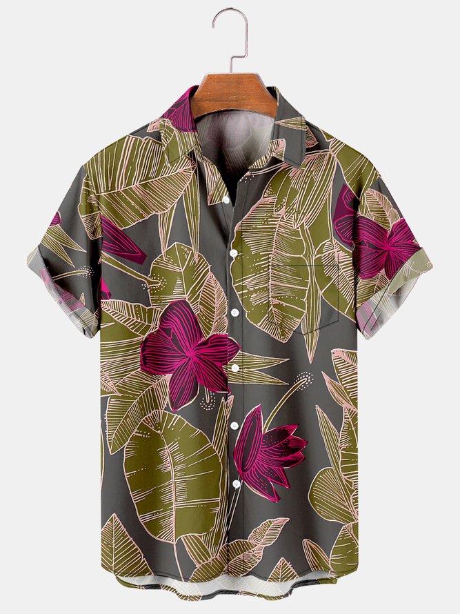 Mens Hawaiian Leaves Print Lapel Loose Chest Pockets Short Sleeve Funky ...
