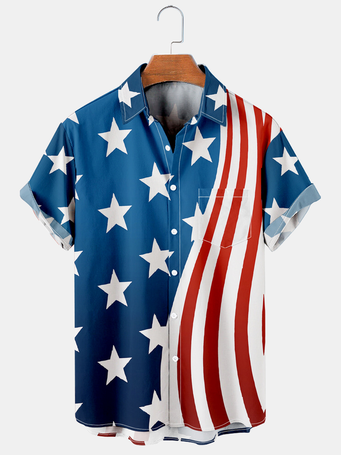 Mens American Flag Casual Breathable Chest Pocket Short Sleeve Hawaiian Shirt