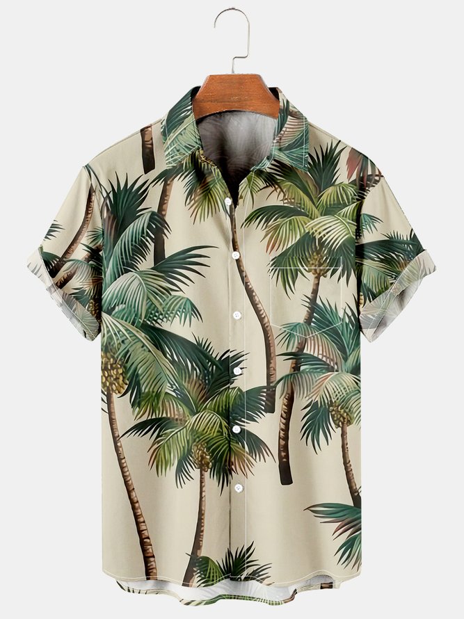 Men's Hawaiian Print Lapel Loose Chest Pocket Short Sleeve Trendy Aloha Shirt
