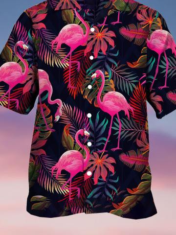 Men's Botanical Flamingo Print Casual Short Sleeve Hawaiian Funky Colorful Aloha