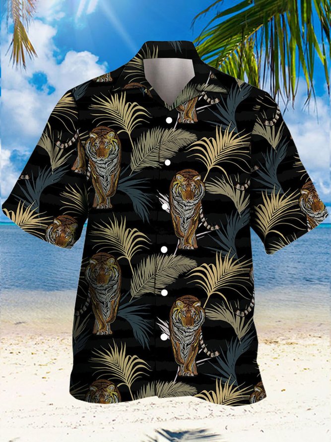 Men's Hawaiian Tiger Print Casual Breathable Short Sleeve Shirt