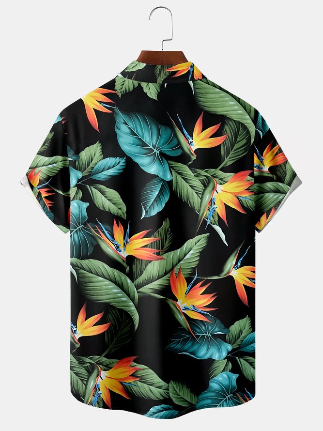 Mens Hawaiian Tropical Leaves Print Lapel Loose Chest Pocket Short Sleeve Funky Aloha Shirts
