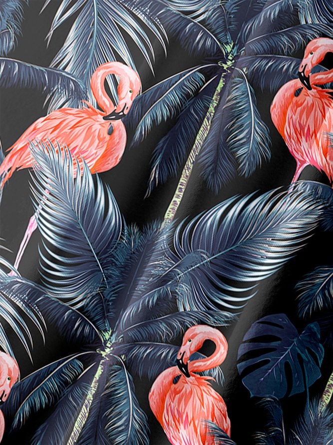 Men's Flamingo Coconut Tree Print Casual Breathable Hawaiian Short Sleeve Shirt