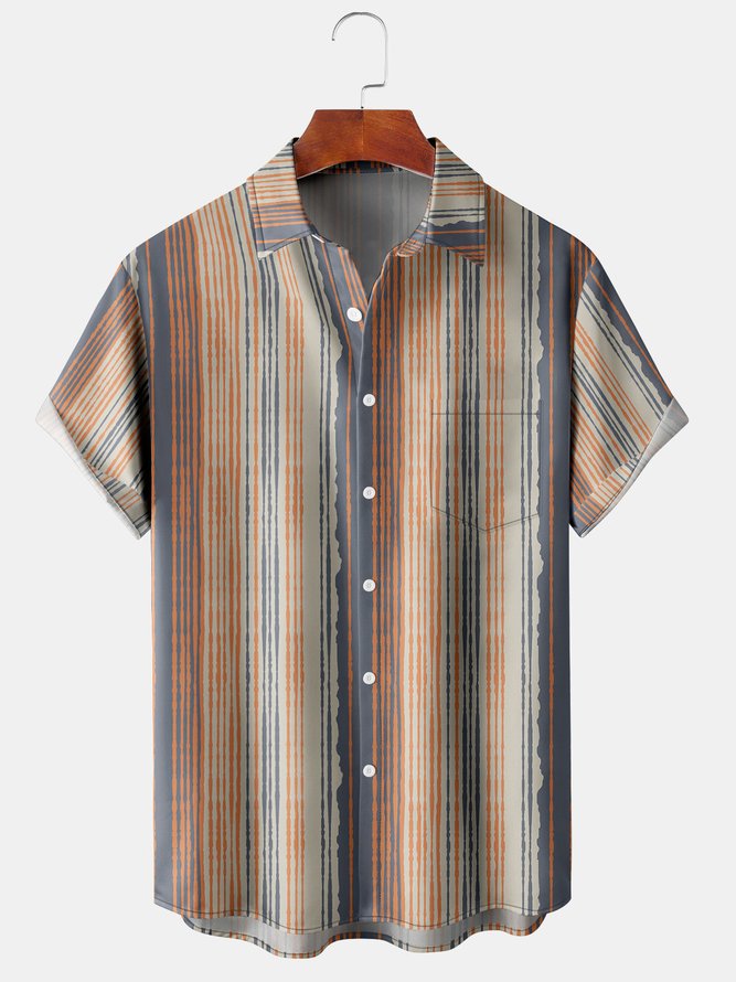 Men's Geometric Stripe Print Casual Breathable Short Sleeve Hawaiian Shirt