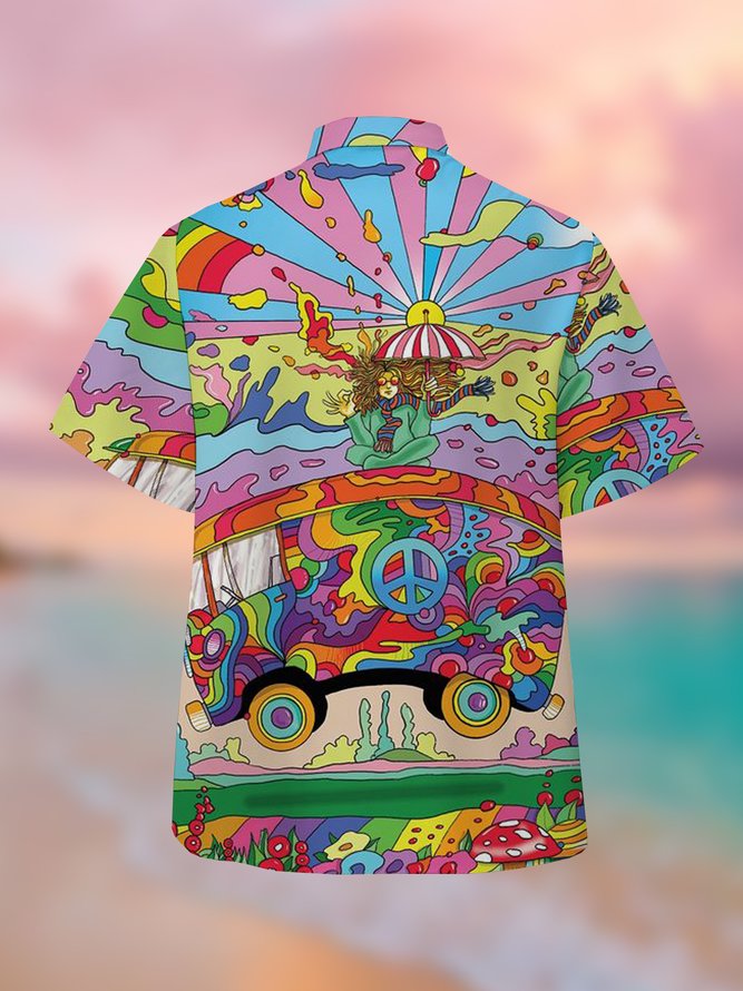 Mens Music Hippies Print Casual Breathable Short Sleeve Aloha Shirt