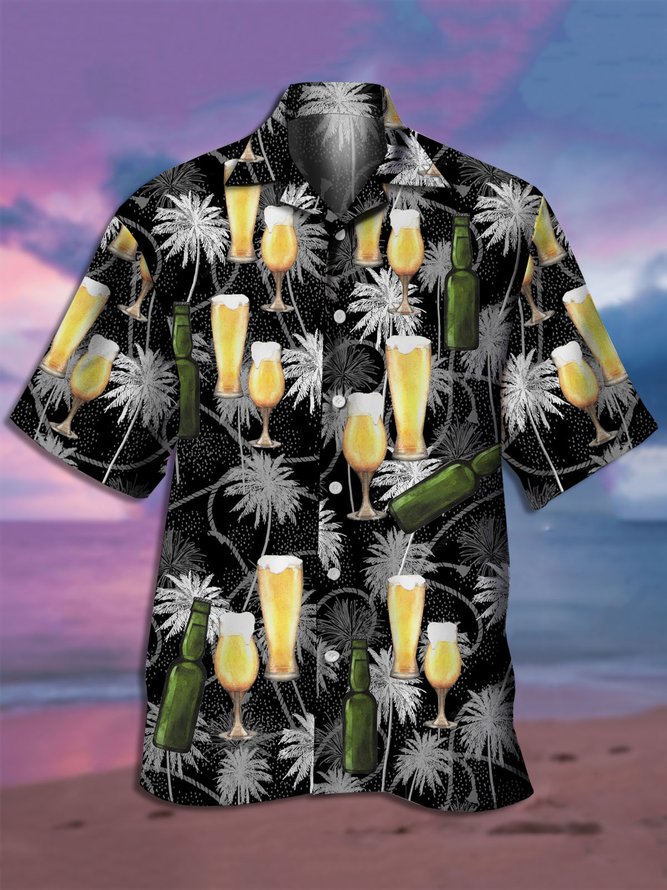 Men's Floral Beer Print Casual Fabric Fashion Hawaiian Collar Short Sleeve Shirt