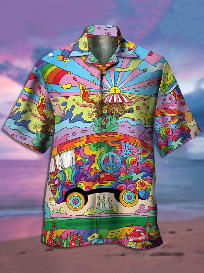 Mens Music Hippies Print Casual Breathable Short Sleeve Aloha Shirt
