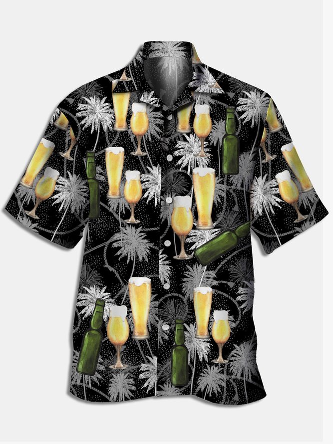 Men's Floral Beer Print Casual Fabric Fashion Hawaiian Collar Short Sleeve Shirt