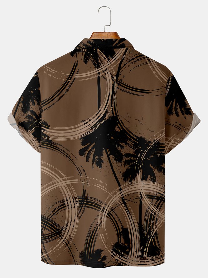 Resort-Style Hawaiian Botanical Coconut Stripe Geometric Pattern Lapel Short-Sleeved Polo Print Top