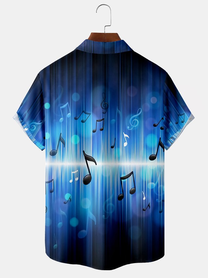 Mens Music Print Lapel Chest Pocket Short Sleeve Shirt Hawaiian Top