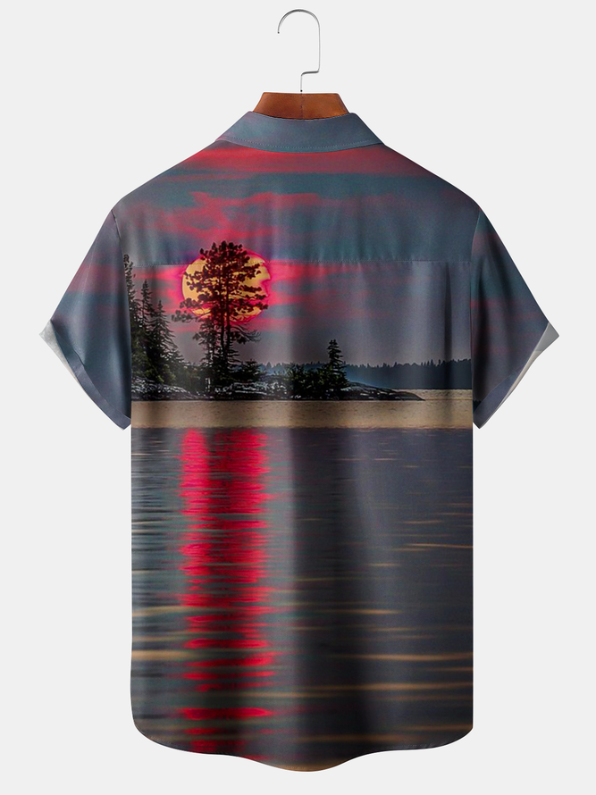 Vacation Style Hawaiian Series Sunset Gradient Sky Scenery Element Pattern Lapel Short-Sleeved Shirt Print Top