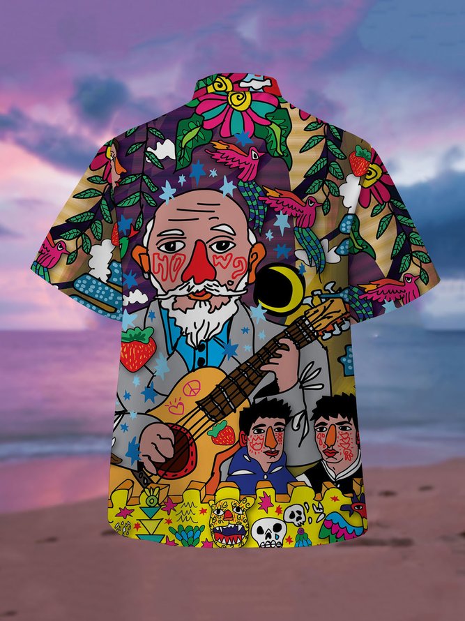 Men's Music Floral Print Moisture-Breathable Fabric Hawaiian Collar Short Sleeve Shirt