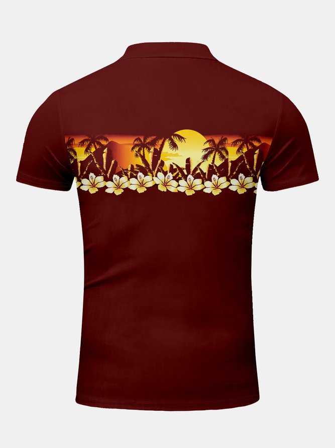 Holiday Style Hawaii Series Gradient Dusk Plant Flower Coconut Tree Element Pattern Lapel Short-Sleeved Polo Print Top