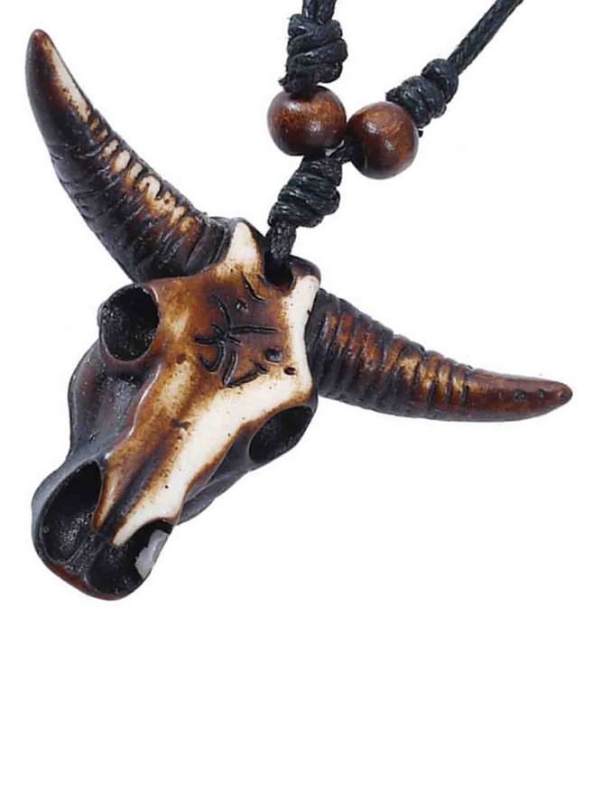 Mens Vintage Plain Resin Fishbone Bull Head Necklace