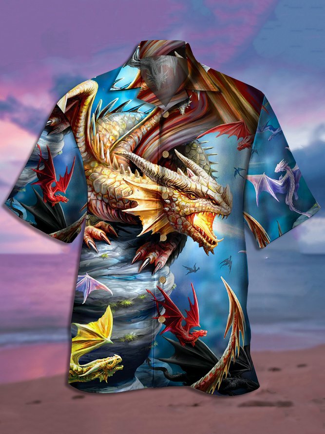 Mens Dragon Print Front Buttons Short Sleeve Shirt Loose Casual Hawaiian Shirts