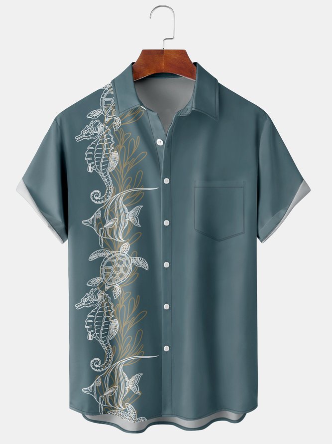 Mens Resort Style Hawaii Series Turtle Coral Short Sleeve Shirt Lapel Chest Pocket Shirt Printed Top