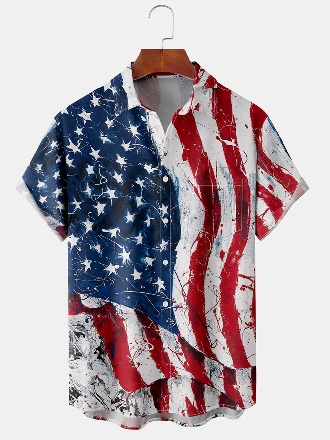 Men's Art American Flag Print Casual Breathable Hawaiian Short Sleeve Shirt