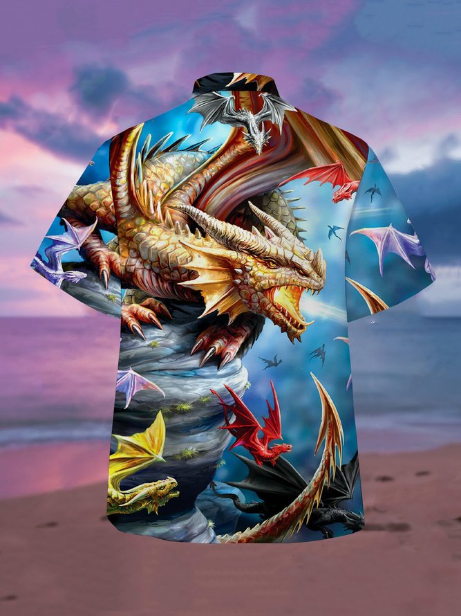 Mens Dragon Print Front Buttons Soft Breathable Loose Casual Hawaiian Shirts