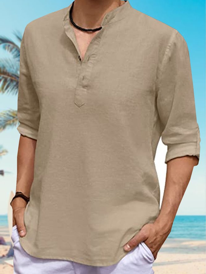 Men's Plain Cotton Linen Casual Short Sleeve Shirt