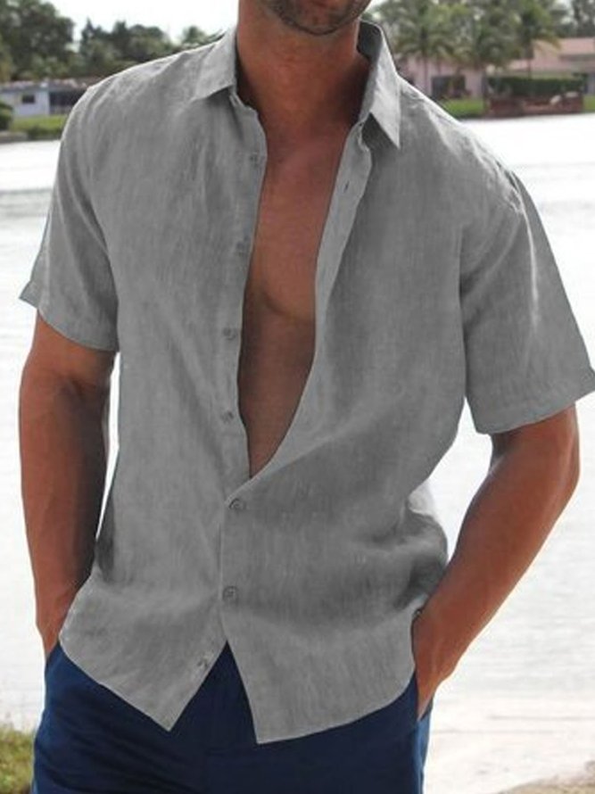 Men's Lapel Solid Color Short Sleeve Men's Linen Shirt