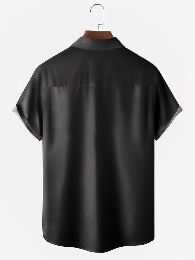 Men's Black Striped Printed Wrinkle Resistant Moisture Wicking Fabric Lapel Short Sleeve Hawaiian Shirt