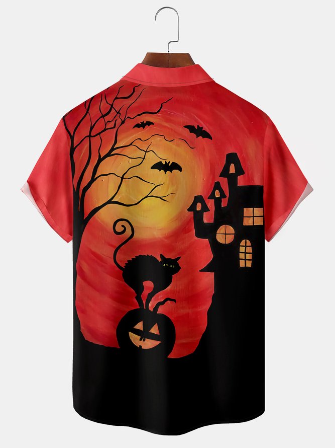 Casual Style Festival Series Gradient Color Halloween Cat Pumpkin Element Pattern Lapel Short-Sleeved Shirt Print Top