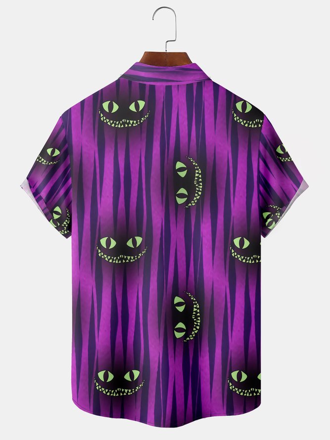Casual Festive Collection Geometric Stripes Halloween Grimace Element Pattern Lapel Short Sleeve Shirt Print Top