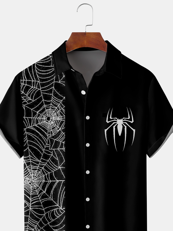 Mens Halloween Spider Print Front Buttons Short Sleeve Shirt Casual Hawaiian Shirt