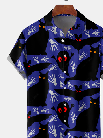 Men's Halloween Elements Cat Bat Graphic Print Short Sleeve Shirt