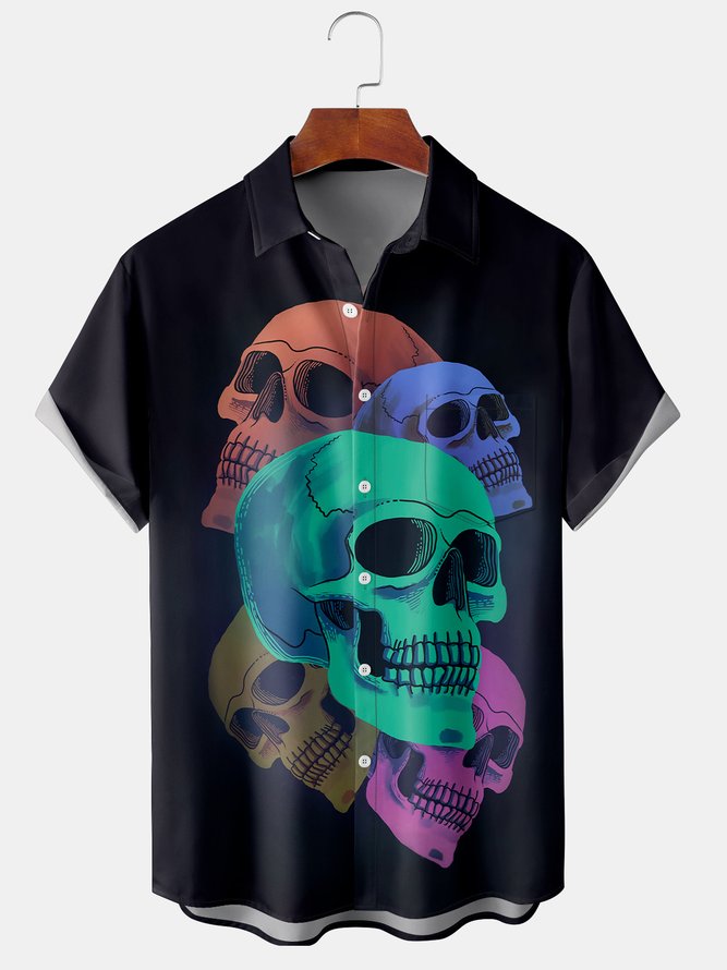Men's Halloween Skull Print Fashion Lapel Short Sleeve Hawaiian Shirt
