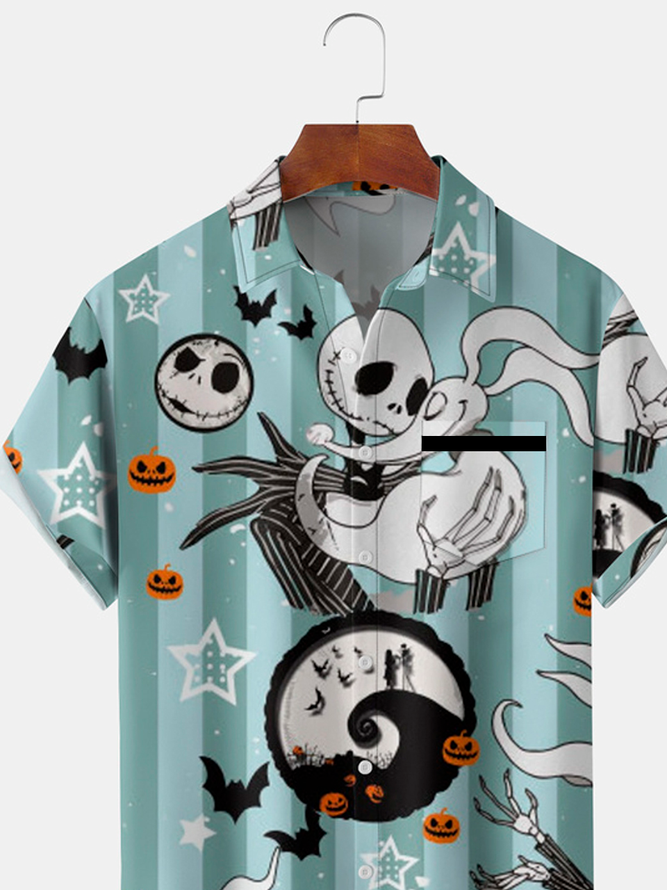 Mens Halloween Print Front Buttons Soft Breathable Chest Pocket Casual Hawaiian Shirts