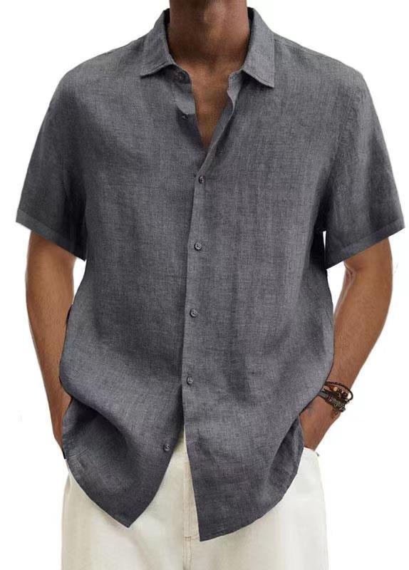 Mens Cotton Linen Solid Short Sleeve Shirt Casual Basic Versatile Top