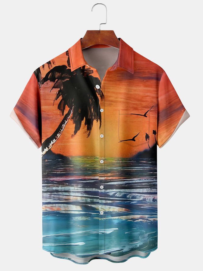 Men's Art Painting Coconut Tree Print Casual Breathable Hawaiian Short Sleeve Shirt