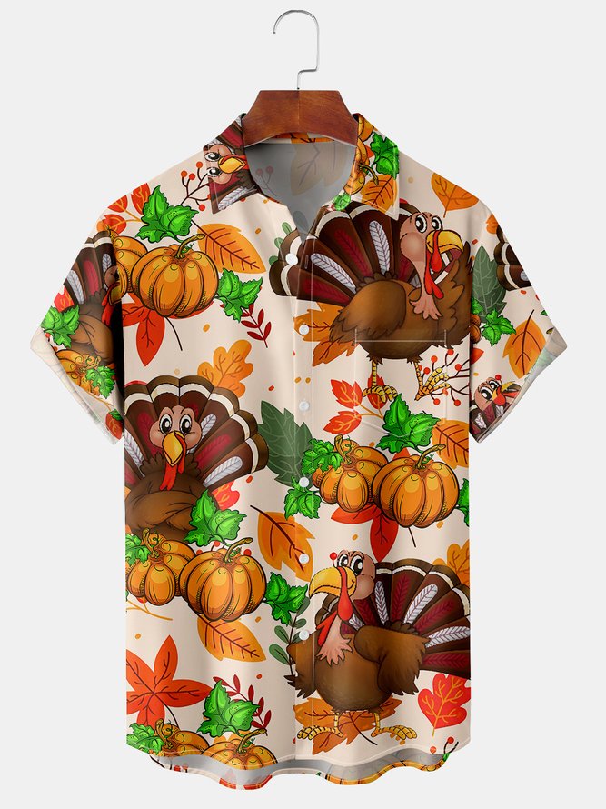 Men's Thanksgiving Pumpkin and Turkey Print Casual Breathable Hawaiian Short Sleeve Shirt
