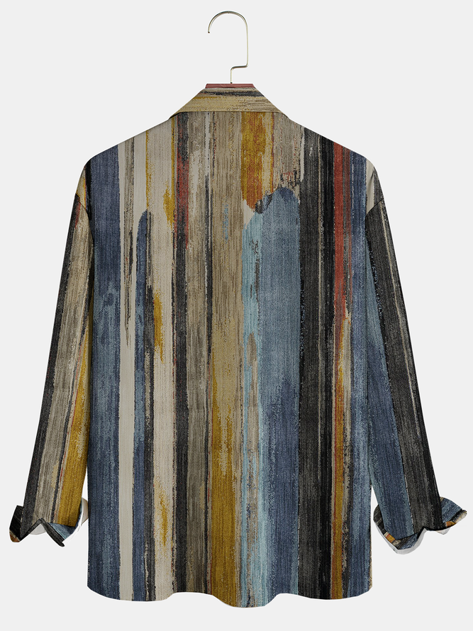 Mens Casual Art Abstract Gradient Vintage Wood Long Sleeve Shirt Lapel Print Top
