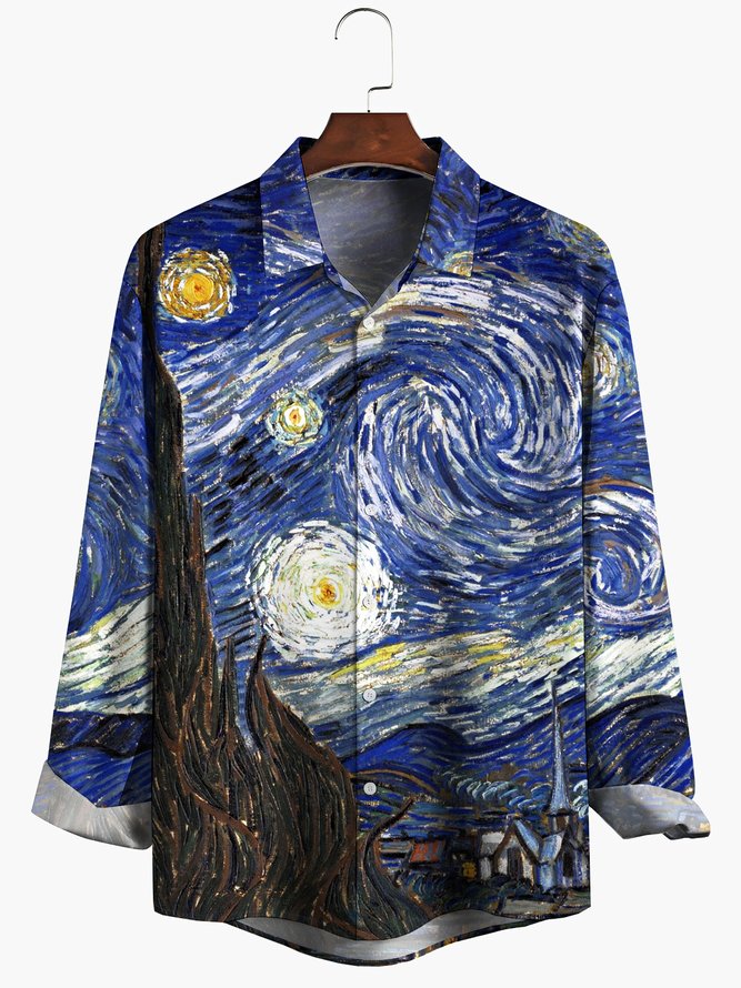 Mens Vincent Van Gogh Starry Night Print Front Buttons Soft Breathable Chest Pocket Casual Shirts