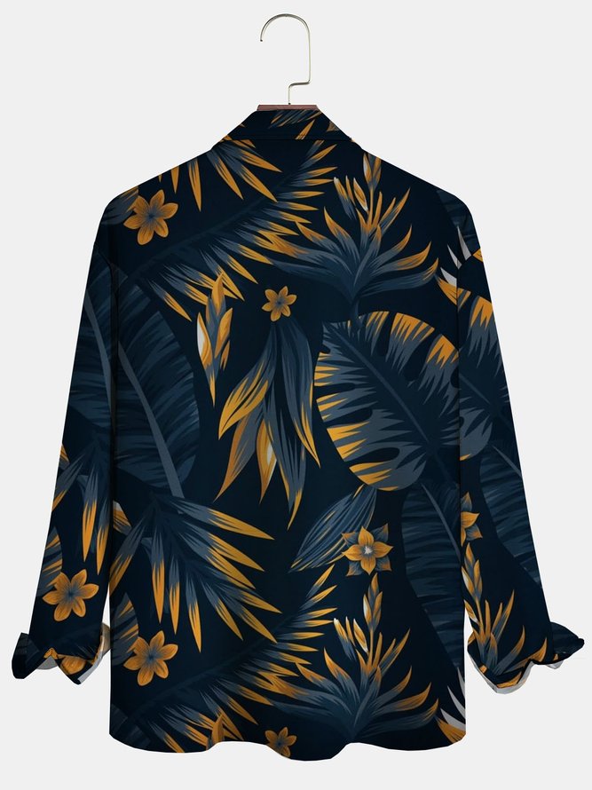 Men's Leaf Floral Print Fashion Lapel Long Sleeve Hawaiian Shirt
