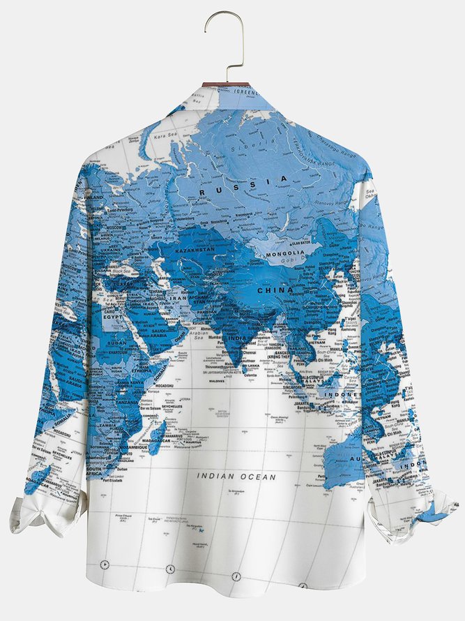 Mens World Map Print Front Buttons Soft Breathable Chest Pocket Casual Shirt